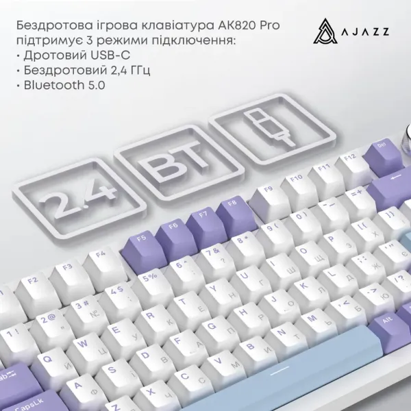 Клавіатура ігрова Ajazz AK820 PRO Flying Fish Switches (White/Purple) (AK820PRO-FF-PWB) (UA)