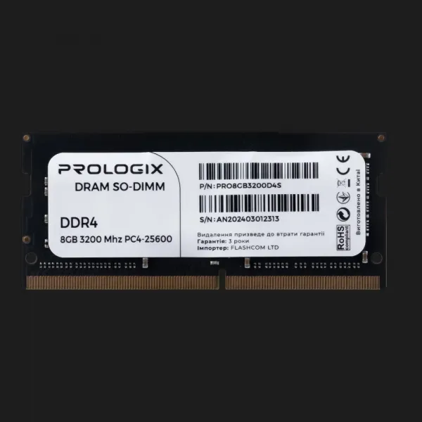 Оперативна памʼять Prologix SO-DIMM DDR4 8GB 1x8GB 3200MHz (PRO8GB3200D4S)