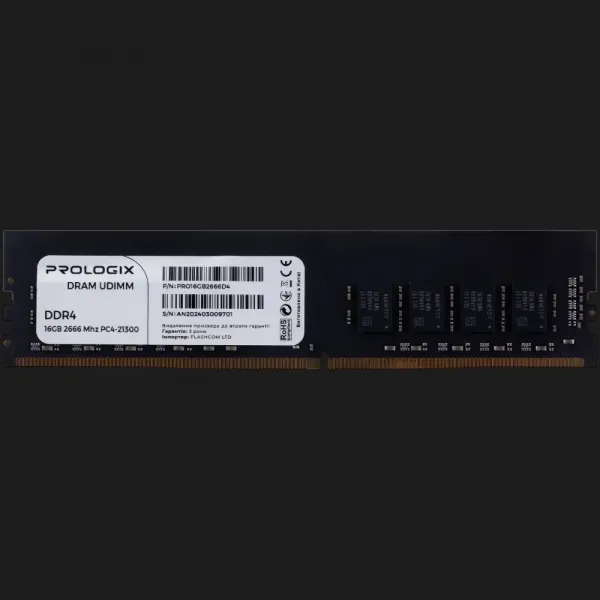 Оперативна памʼять Prologix DDR4 16GB 1x16GB 2666MHz (PRO16GB2666D4)
