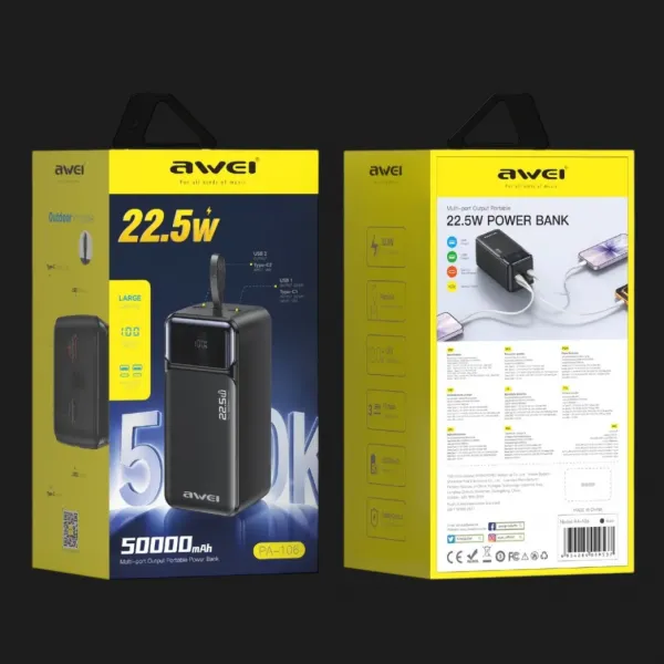 Зарядний пристрій Power Bank AWEI PA-106 50000mAh 22,5W PD 3xUSB-C