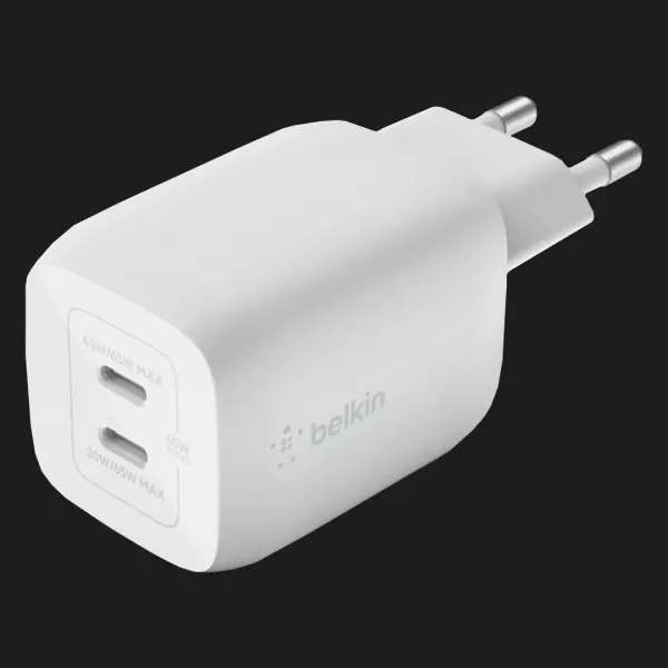 Зарядний пристрій Belkin 65W GAN PD PPS Dual USB-С - USB-С 2m (White)