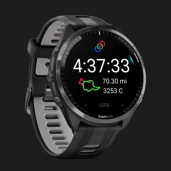 Garmin Forerunner 965 Carbon Gray DLC Titanium Bezel, Black Case, Black/Powder Gray Silicone Band