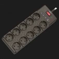 Мережевий фільтр 2E 10xТипF, 16A, 3xUSB-A, 1xUSB-C, 3m (Black)